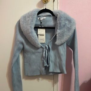 Baby Blue Fur Collar tie front Cardigan